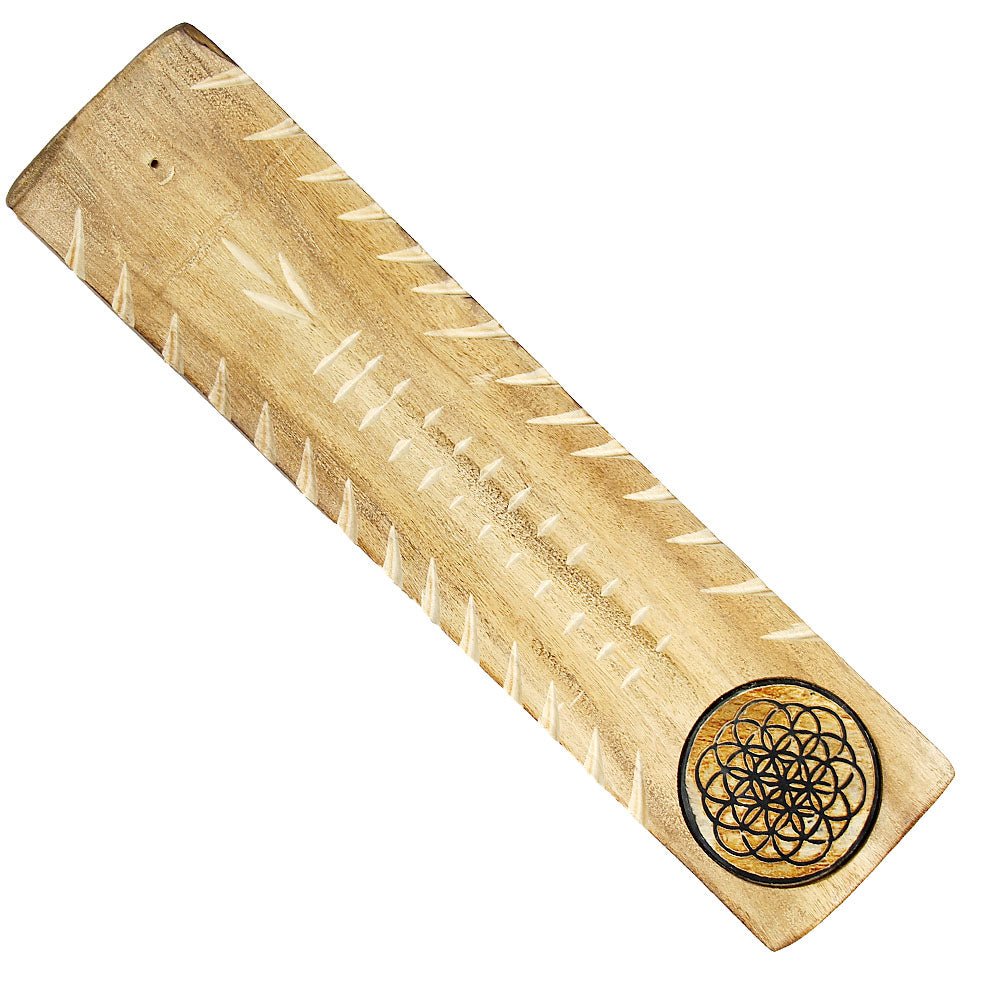 Etched Flower Of Life Wide Wooden Incense Holder 