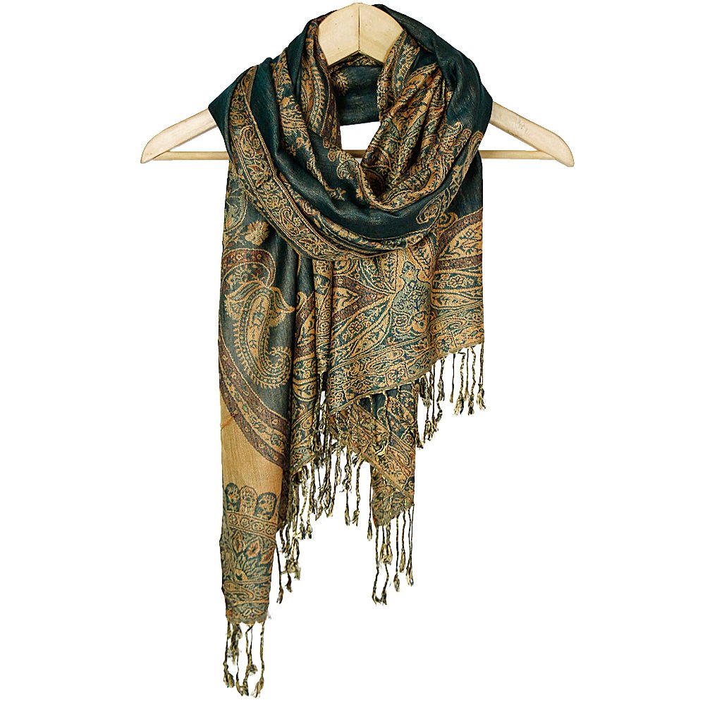 Green & Taupe Paisley Print Pashmina from Hilltribe Ontario