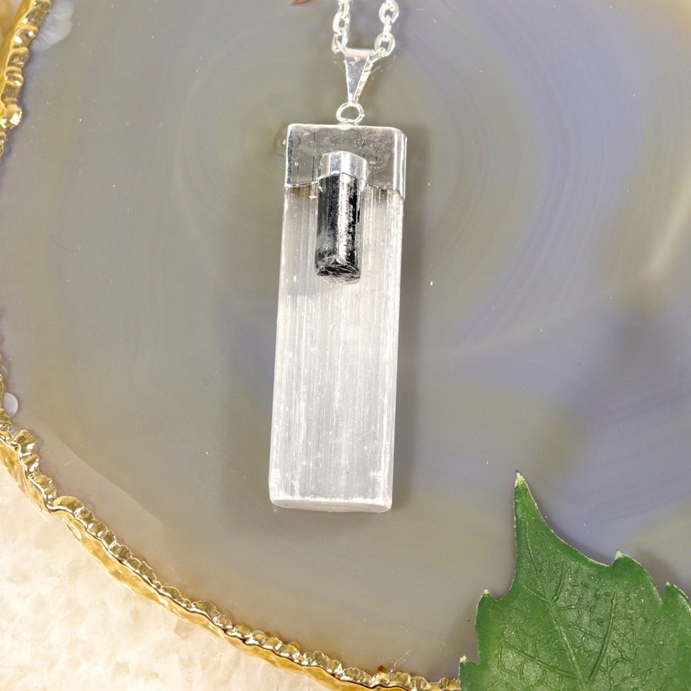 Natural Selenite & Tourmaline Pendant from Hilltribe Ontario