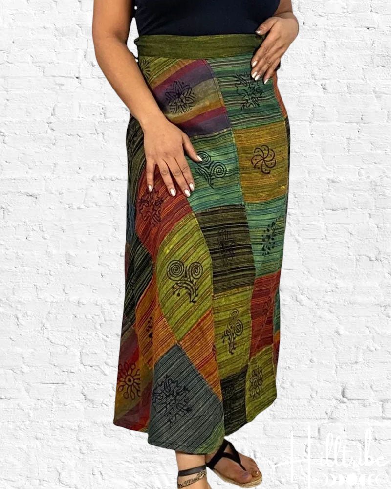 Patchouli Green Patch Wrap Skirt from Hilltribe Ontario